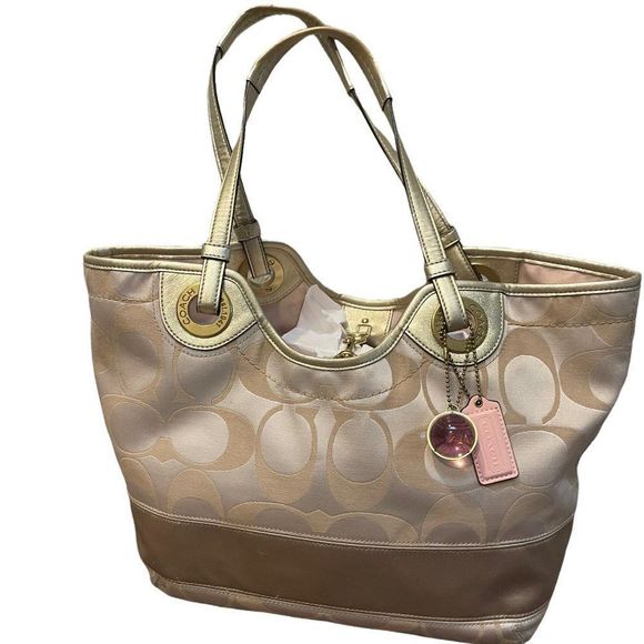 Large Matching Wallet Khaki and Tan Signature C Metallic Fabric Tote 12"L x 5"W - Picture 10 of 16